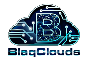 Logo for BlaqClouds: a blue circuit‑style cloud with a networked 'B' in the center and the text 'BlaqClouds' below.