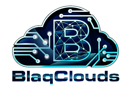 Logo for BlaqClouds: a blue circuit‑style cloud with a networked 'B' in the center and the text 'BlaqClouds' below.
