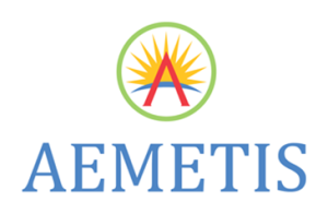 Aemetis logo: green ring enclosing a sun, mountains and a red letter A; the word AEMETIS in blue below.