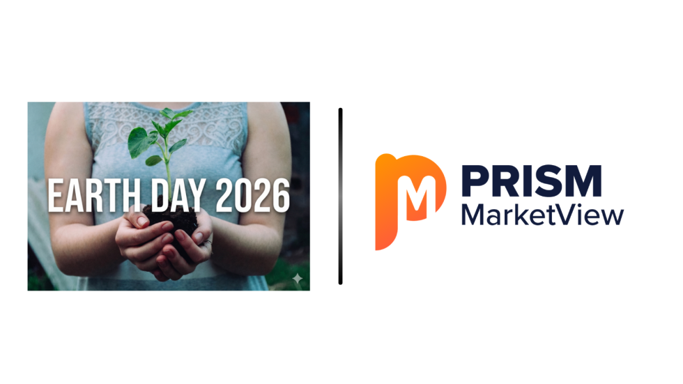Earth Day 2026 graphic: hands holding a young plant beside the Prism MarketView logo.
