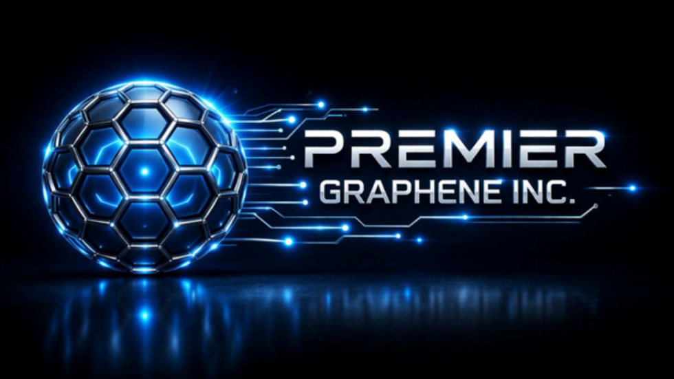 Logo for Premier Graphene Inc.: a glowing blue hexagonal sphere with circuitry lines next to the company name.