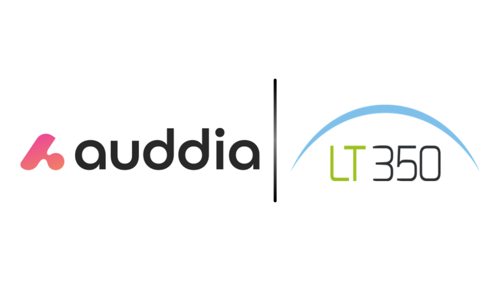 Auddia and LT350 partnership banner showing the Auddia wordmark with pink gradient icon on the left and LT350 with a green LT and blue arc on the right separated by a vertical divider.