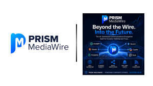 PRISM MediaWire logo on the left with a vertical divider, and a blue, sci-fi brochure cover on the right reading 'Beyond the Wire. Into the Future.'