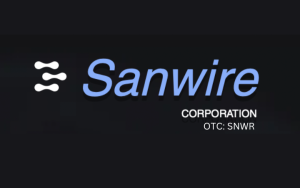 Sanwire Corporation logo: white wave icon on left, blue 'Sanwire' wordmark, with 'CORPORATION OTC: SNWR' text on the right
