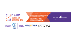 Banner for Pharma Uzbekistan & Central Asia conference with date, location (Tashkent, Uzbekistan) and sponsor logos.