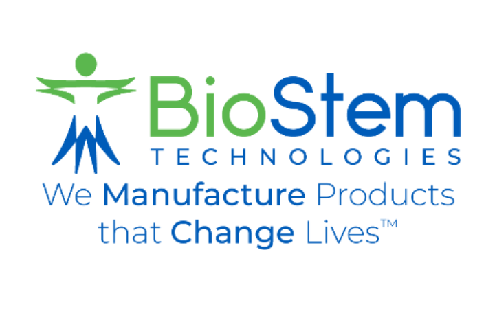 BioStem Technologies logo with a green and blue wordmark and a stylized green human figure; slogan reads 'We Manufacture Products that Change Lives'