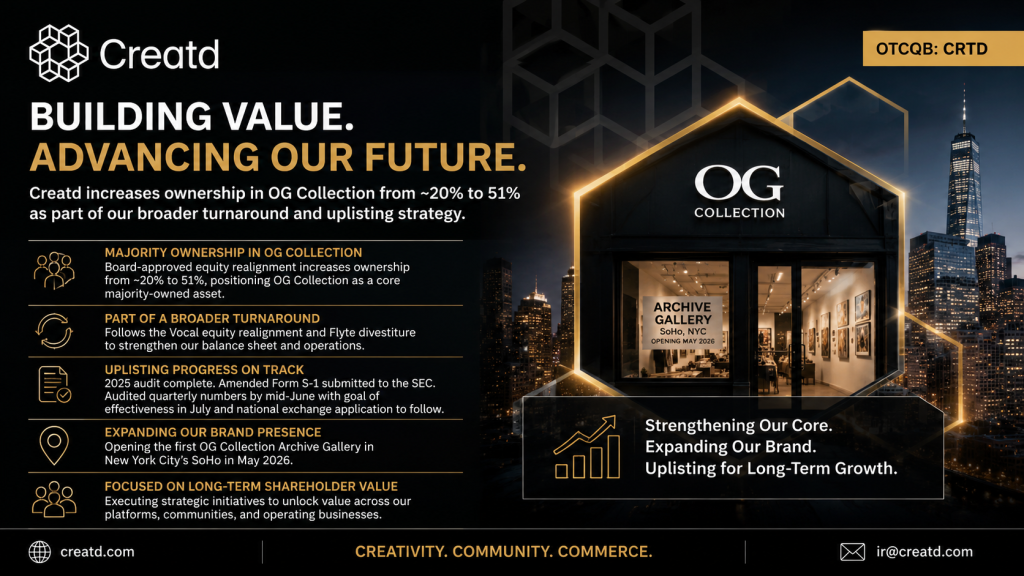 Creatd Announces OG Collection, Inc. Equity Realignment as Part of Broader Uplisting Strategy