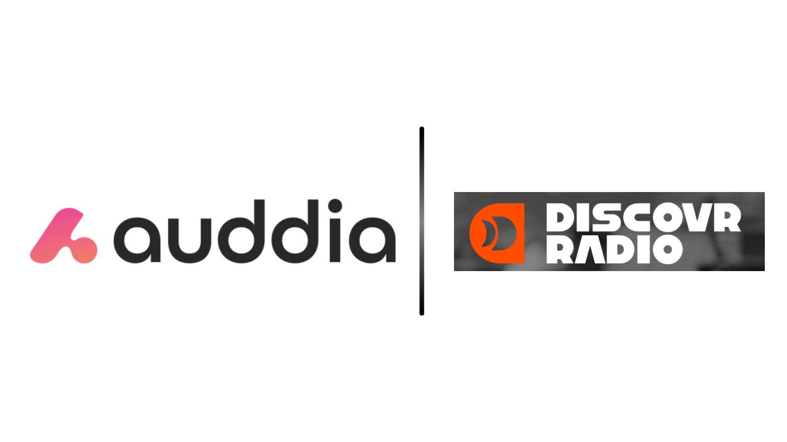 Auddio logo on the left with a gradient pink mark, and Discover Radio on the right with an orange icon on a gray banner, divided by a vertical line.