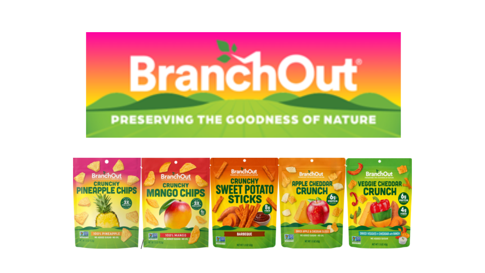 BranchOut logo with the slogan 'Preserving the goodness of nature' above five colorful snack bags. (Pineapple, Mango, Sweet Potato Sticks, Apple Cheddar Crunch, Veggie Cheddar Crunch)