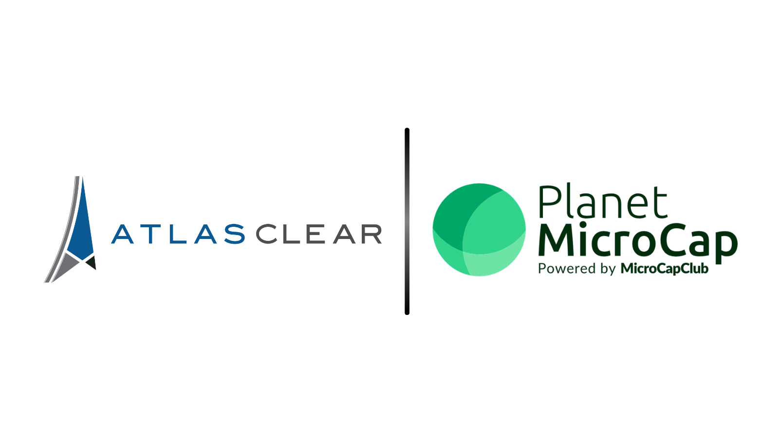 Atlas CLEAR logo on the left, a vertical black gradient divider, and Planet MicroCap logo on the right (Powered by MicroCapClub).