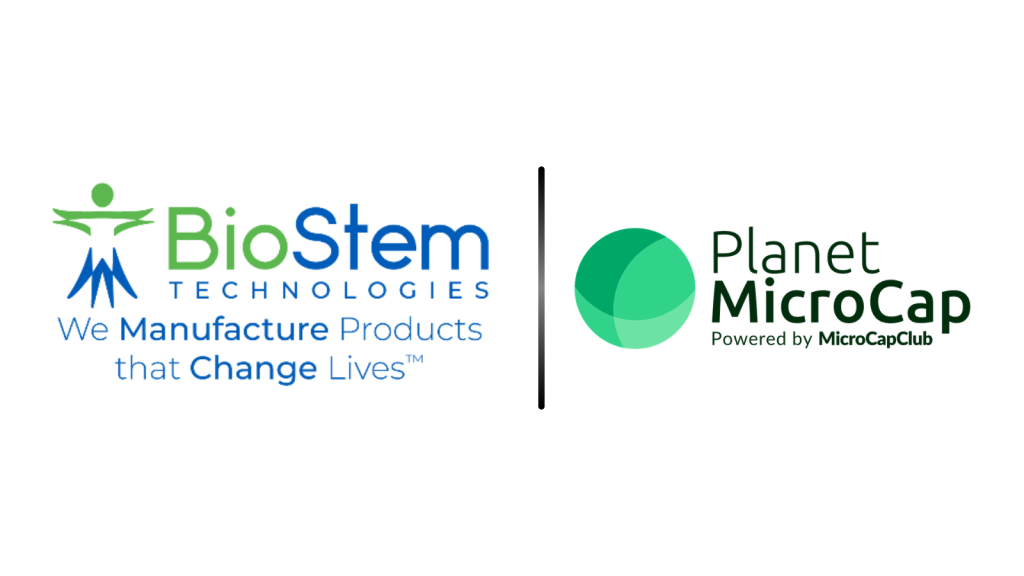 BioStem Technologies logo and Planet MicroCap logo side by side with a vertical divider, indicating a partnership or feature.