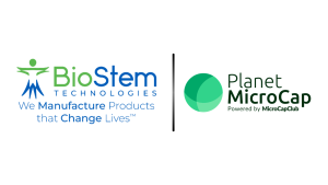 BioStem Technologies logo and Planet MicroCap logo side by side with a vertical divider, indicating a partnership or feature.