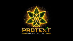 Gold and green neon logo of PROTEXT Mobility Inc. featuring a radiant, overlapping leaf/star design on a black background.