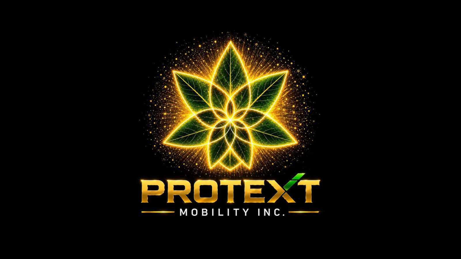 Gold and green neon logo of PROTEXT Mobility Inc. featuring a radiant, overlapping leaf/star design on a black background.