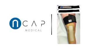 NCAP Medical branding with a collage of knee brace products: A1 and A2 fabric sleeves and a leg with a beige knee wrap.