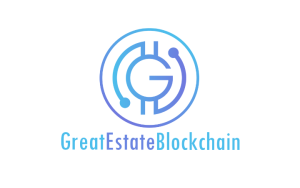 Logo for GreatEstateBlockchain with a circular geometric monogram in blue gradient and the brand name beneath it.