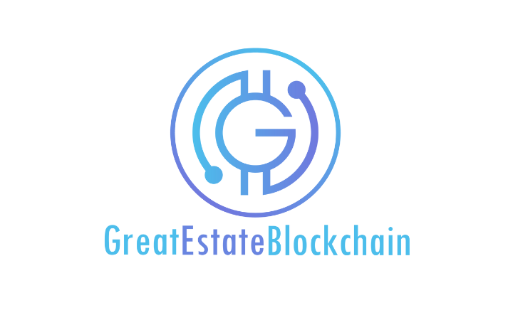 Logo for GreatEstateBlockchain with a circular geometric monogram in blue gradient and the brand name beneath it.