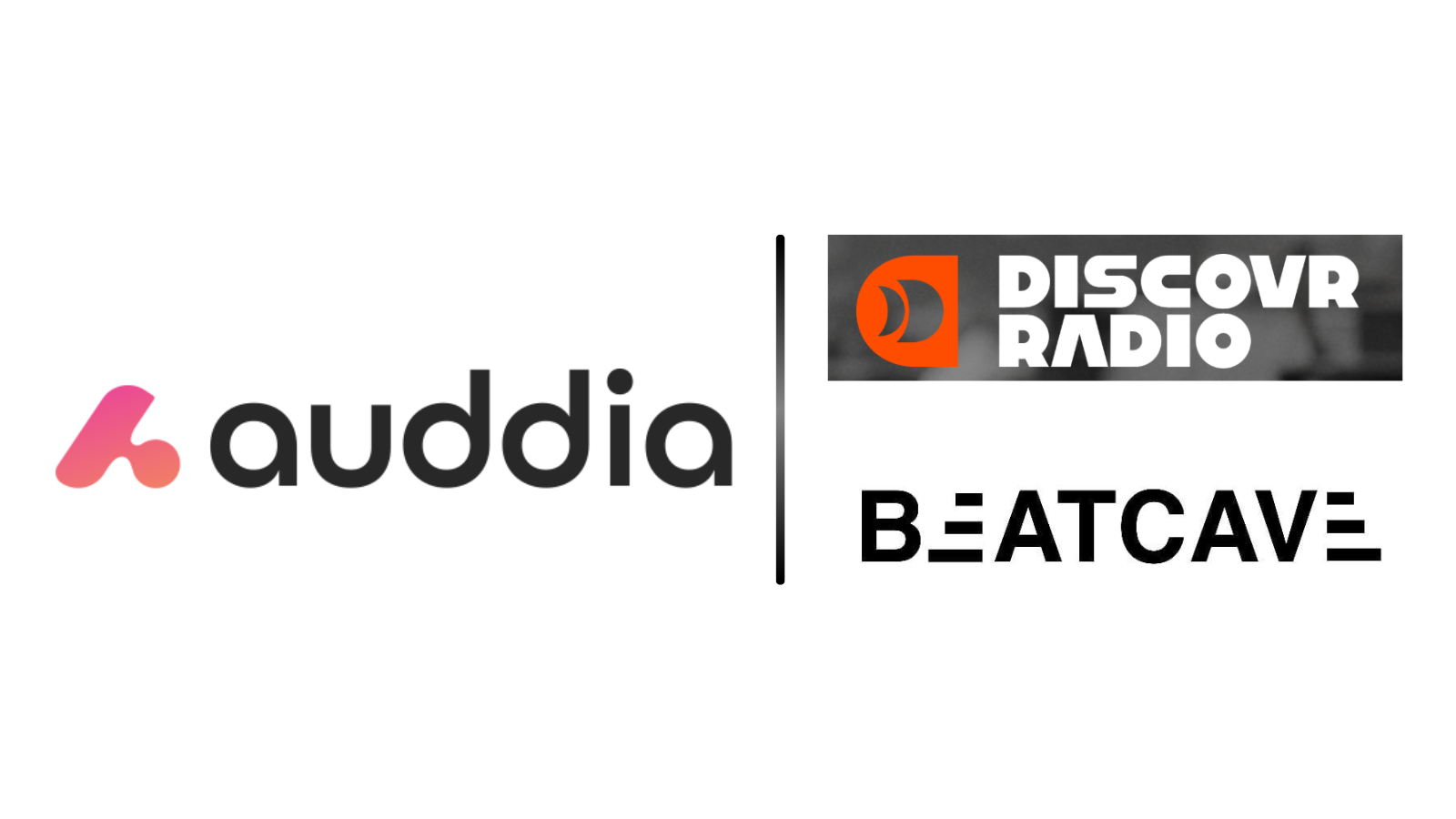 Banner featuring the auddio logo on the left with a pink gradient mark, a vertical divider, and Discover Radio plus Beatcave logos on the right.