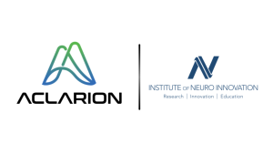 Left logo for ACLARION with a gradient green–blue mountain-like emblem and the bold wordmark; right logo for Institute of Neuro Innovation with a blue abstract mark and the tagline 'Research | Innovation | Education'.