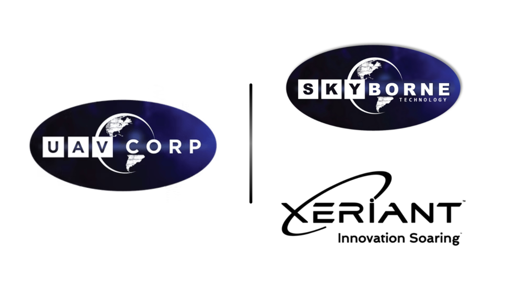 Left: UAV CORP logo with a dark blue ellipse and globe motif; right side shows Skyborne Technology logo above Xeriant Innovation Soaring logo separated by a vertical divider—suggesting a comparison or partnership.