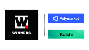 Winners logo on a black square with a white W and a small red square, and the word WINNERS beneath it; left panel of a collage.