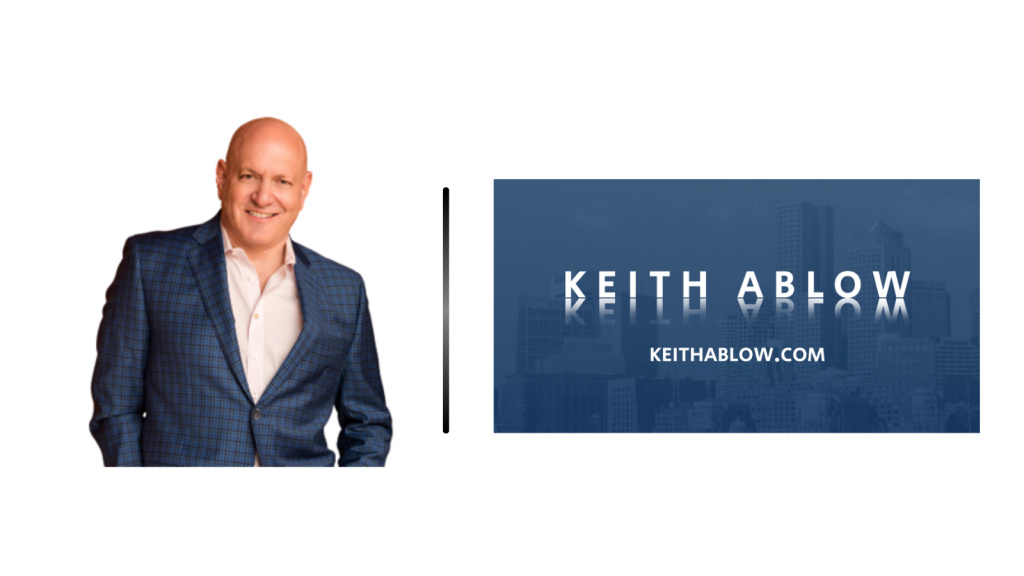Smiling bald man in a blue plaid suit on the left, a thin vertical divider, and a blue cityscape banner reading KEITH ABLOW with keithablow.com on the right.