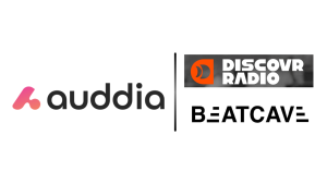 Auddio logo on the left with a pink gradient mark, a vertical divider, and Discover Radio banner with Beat Cave text on the right.
