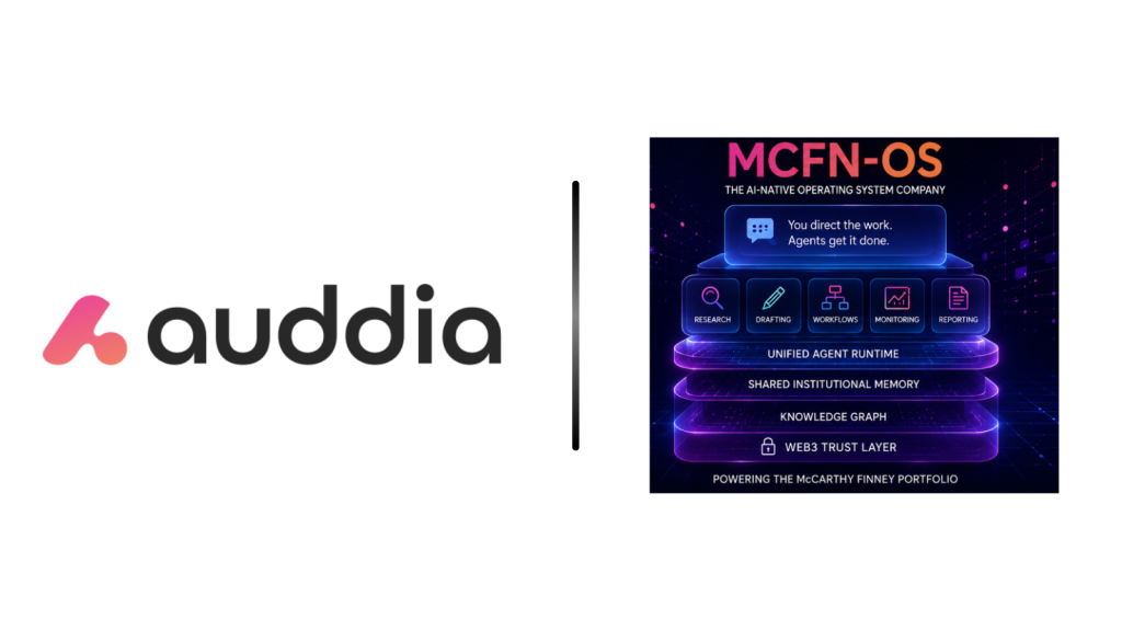 Split image: left side shows the Auddia logo, right side displays a neon MCFN-OS architecture infographic with stacked layers and icons.