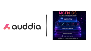 Split image: left side shows the Auddia logo, right side displays a neon MCFN-OS architecture infographic with stacked layers and icons.