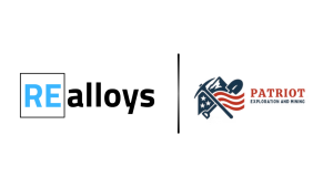 RE alloys logo (blue 'RE' in a box) then 'alloys' in black, separated by a vertical divider from Patriot Exploration and Mining logo with a wrench and waving flag.