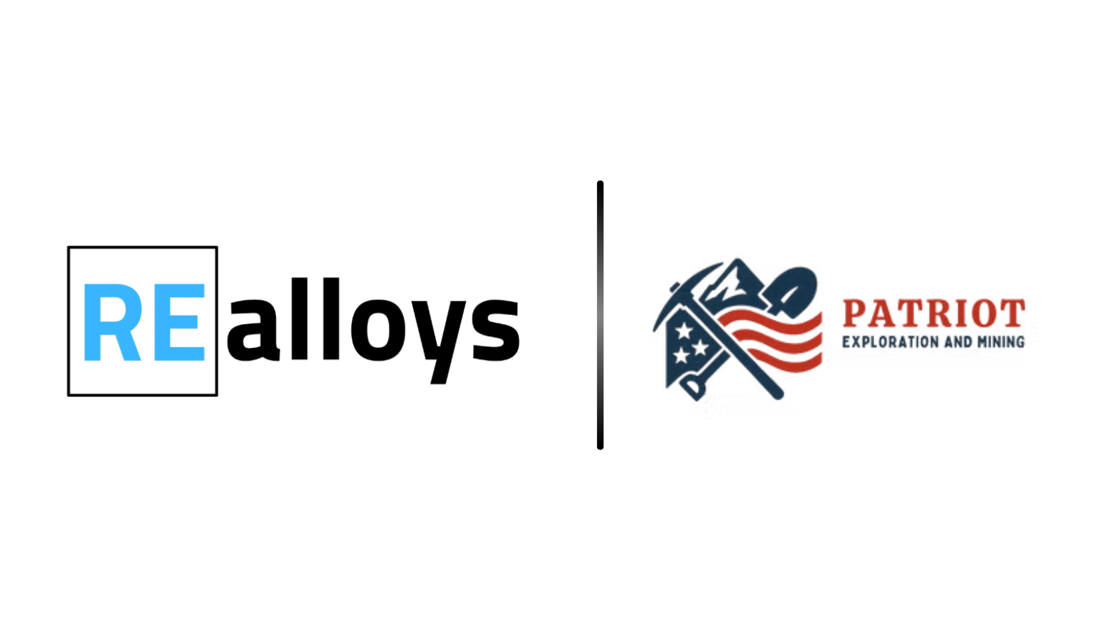 RE alloys logo (blue 'RE' in a box) then 'alloys' in black, separated by a vertical divider from Patriot Exploration and Mining logo with a wrench and waving flag.