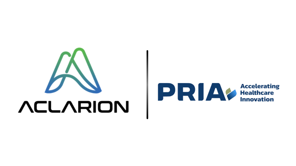 Split logo banner: left panel shows Aclarion wordmark with a gradient blue‑green mountain-like A symbol; right panel shows PRIA with 'Accelerating Healthcare Innovation' slogan, separated by a vertical divider.