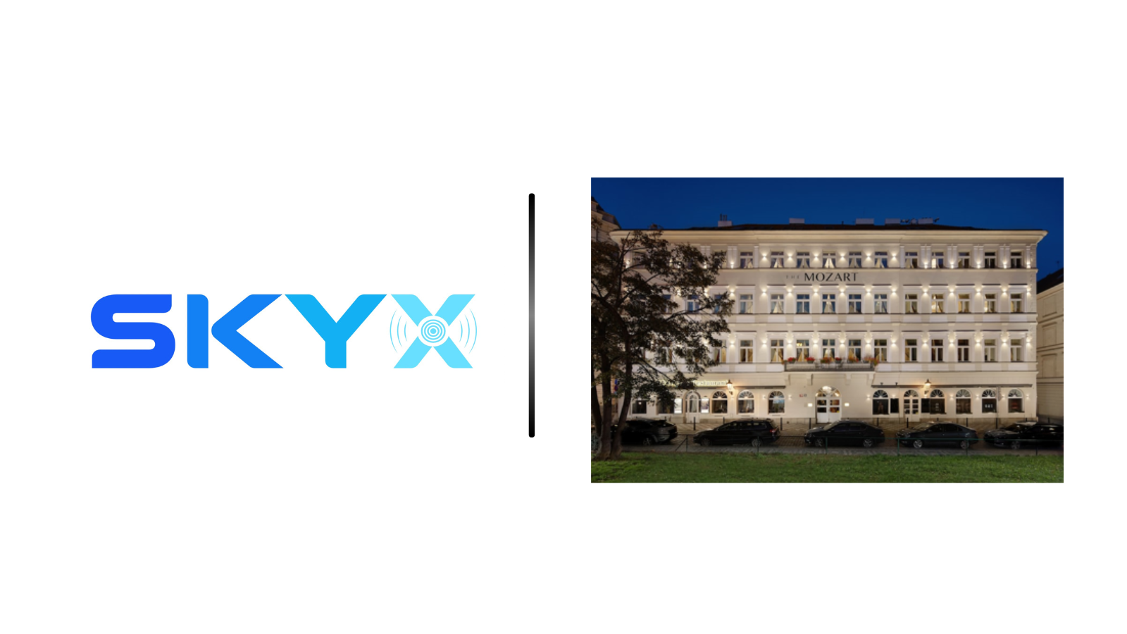 SKYX logo on the left with a black vertical divider, next to a lit, neoclassical Mozart building at night on the right.