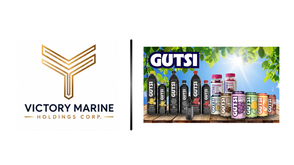 Left: Victory Marine Holdings Corp logo; right: GUTSI beverage lineup against leafy backdrop, separated by a vertical divider—implies a brands comparison.