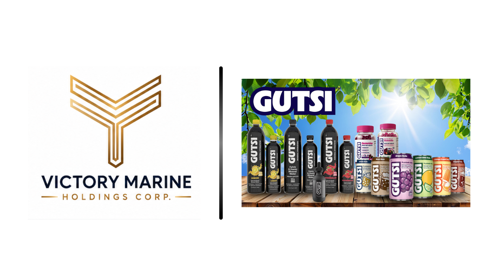 Left: Victory Marine Holdings Corp logo; right: GUTSI beverage lineup against leafy backdrop, separated by a vertical divider—implies a brands comparison.