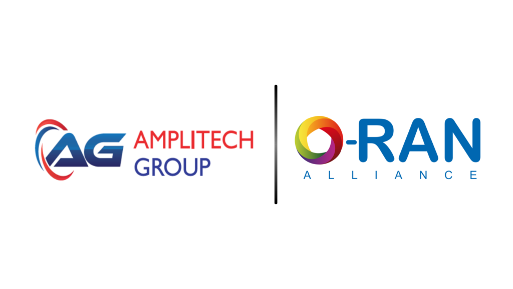 AG Amplitech Group and O-RAN Alliance logos shown side by side with a vertical divider, indicating a collaboration or partnership.