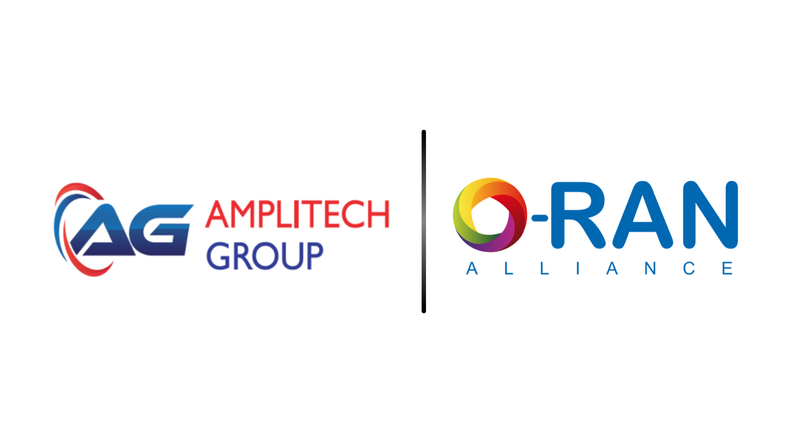 AG Amplitech Group and O-RAN Alliance logos shown side by side with a vertical divider, indicating a collaboration or partnership.