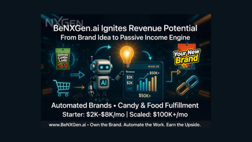 Promo banner for BeNXGen.ai showing automated brands and candy fulfillment with a robot and revenue chart on a dark background.