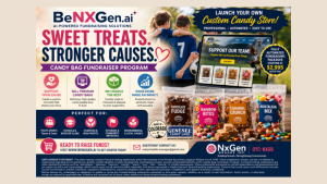 Advertisement banner for BeNXGen AI fundraising: large text 'Sweet Treats. Stronger Causes.' with candy bags and kids in a field beside a tablet showing a team page on the right.