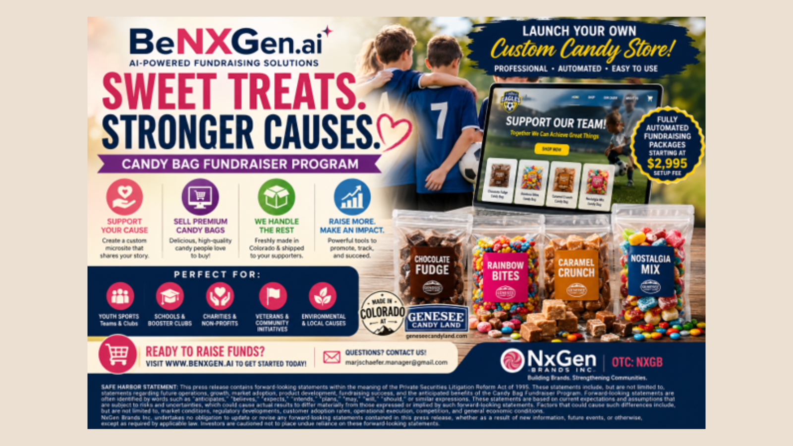 Advertisement banner for BeNXGen AI fundraising: large text 'Sweet Treats. Stronger Causes.' with candy bags and kids in a field beside a tablet showing a team page on the right.