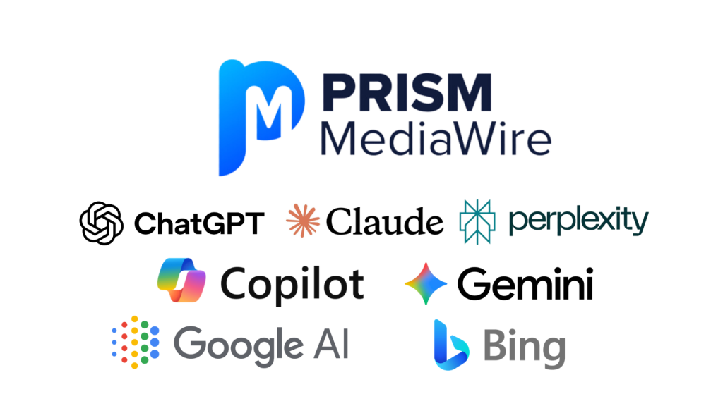 Collage of AI brand logos: Prism MediaWire, ChatGPT, Claude, Perplexity, Copilot, Gemini, Google AI, and Bing