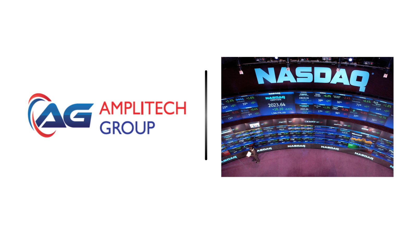AG Amplittech Group logo on the left, a vertical divider, and NASDAQ trading floor on the right.