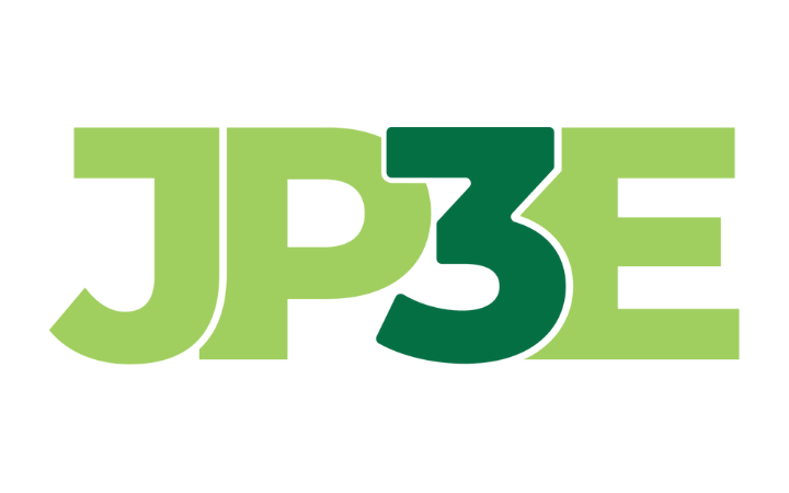 JP3E logo with lime-green letters; the '3' is dark green and overlaps the others.