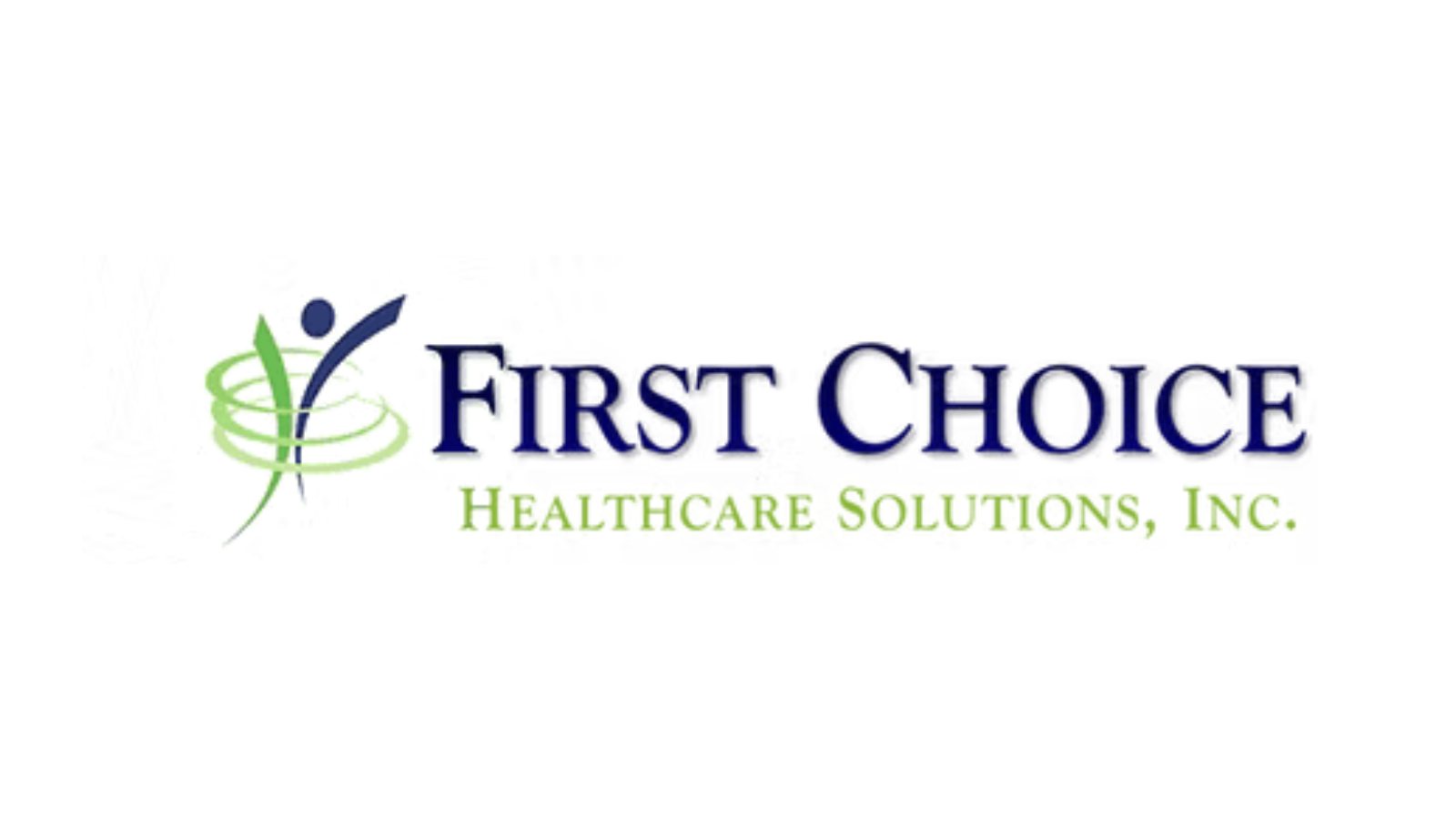 Logo for First Choice Healthcare Solutions, Inc., featuring blue text and a green abstract spiral emblem to the left with a small blue dot above it.