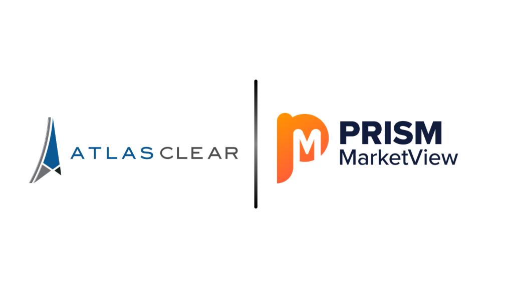 AtlasClear logo on the left and Prism MarketView logo on the right, divided by a vertical gradient bar.