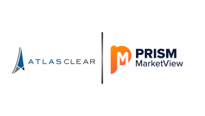 AtlasClear logo on the left and Prism MarketView logo on the right, divided by a vertical gradient bar.