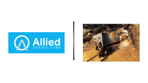 Allied Energy Corp logo beside an underground mine cart train in a tunnel, separated by a vertical slider icon