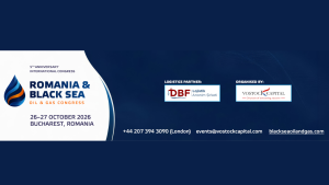 Promotional banner for the Romania & Black Sea Oil & Gas Congress, 26–27 October 2026 in Bucharest, with partner logos on the right.