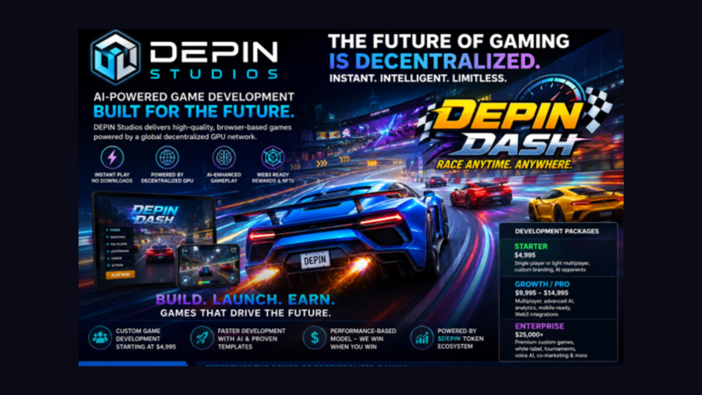 Promotional banner for Depin Studios' AI-powered game platform featuring the Depin Dash racing game, with neon-lit cars and a pricing panel on the right.