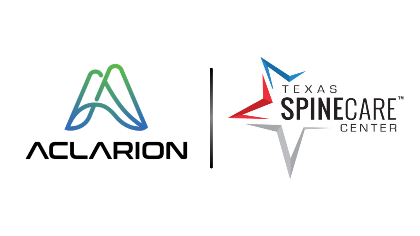 Left: Aclarion logo with green–blue intertwined 'A' symbol; right: Texas Spine Care Center logo, split by a vertical divider, suggesting a partnership.